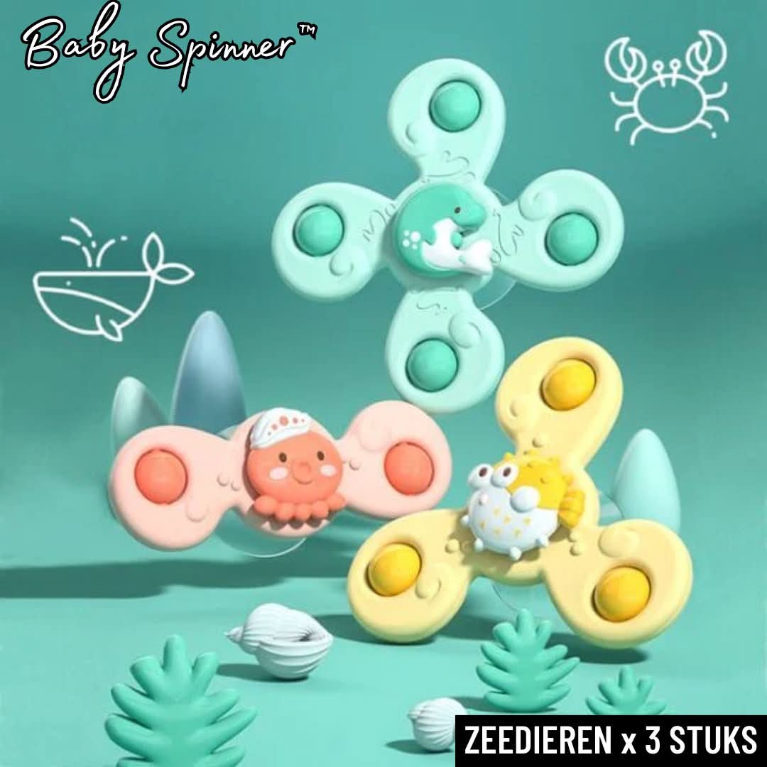 Three vibrant Whirlie Baby Spinner sensory toys by Toyfetti, each with adorable sea animal designs like octopus and crab, stand upright among soft green and blue accents. Perfect as a baby travel toy. Text: Baby Spinner & ZEEDIEREN x 3 STUKS.
