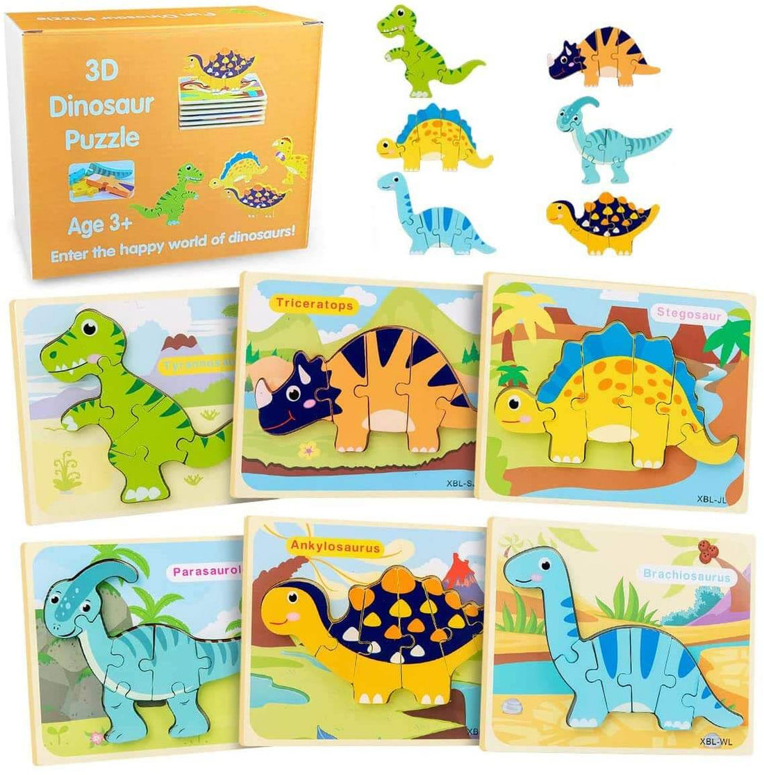 3D Dinosaur Puzzles – 6-Pack Montessori Wooden Set for Toddlers