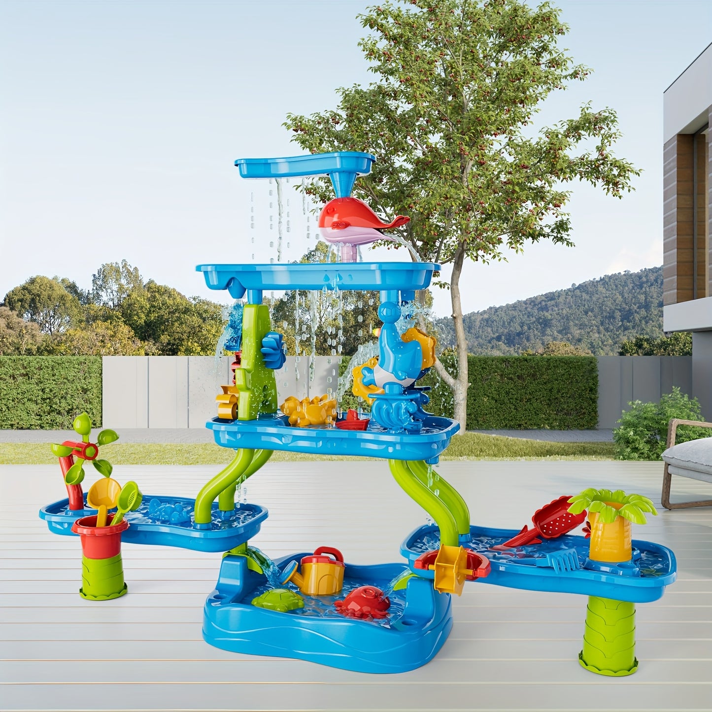 TEMI 4-Tier Multifunctional Kids Sand & Water Play Table with Slide – Summer Fun for Curious Minds-Toyfetti