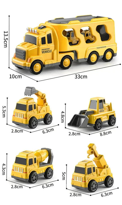 The Toyfetti MightyTrucks Builder Set features five mini construction vehicles—transport truck (33x10x13.5cm), wheel loader, cement mixer, dump truck, and crane—making it a perfect toddler gift, all shown on a white background.
