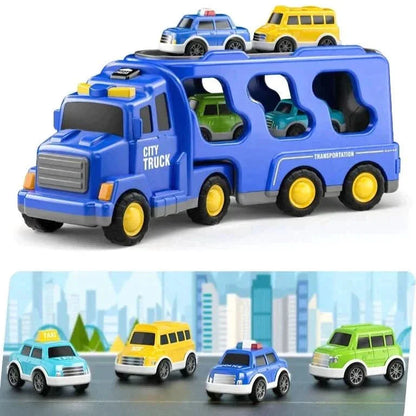 The Toyfetti MightyTrucks Builder Set features a blue carrier truck hauling four vibrant mini construction vehicles, displayed before a cityscape backdrop—perfect for toddlers who love trucks and building fun.