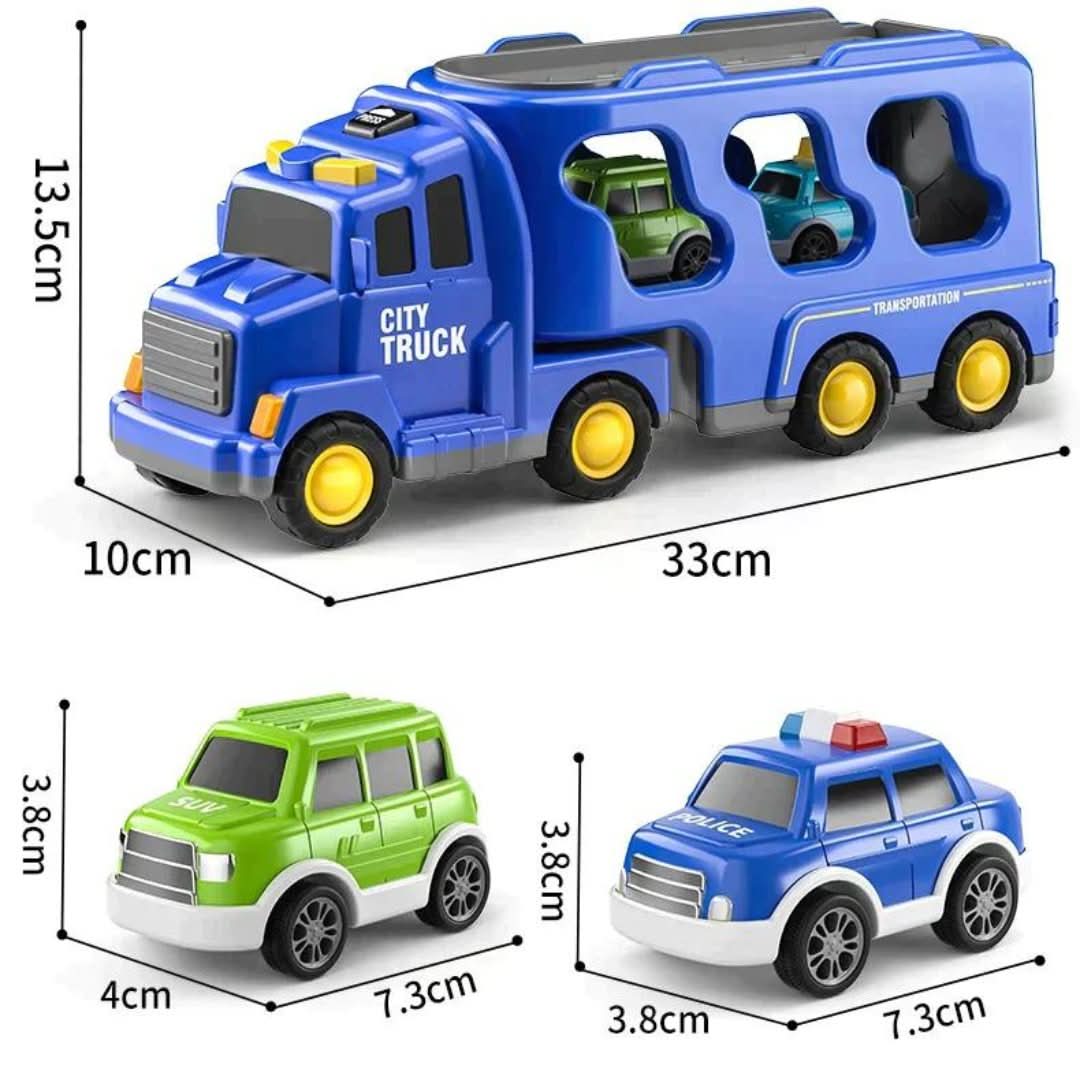 The Toyfetti MightyTrucks Builder Set features a blue 33 x 13.5 x 10 cm transporter with two mini vehicles—a green SUV and blue police car (7.3 x 4 x 3.8 cm each). Dimensions are labeled, making it a perfect toddler gift.