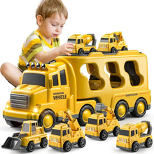 A young child in a yellow striped shirt plays with the Toyfetti MightyTrucks Builder Set—featuring a large construction transport and mini trucks (dump truck, bulldozer, crane)—a perfect toddler gift, shown on a white background.