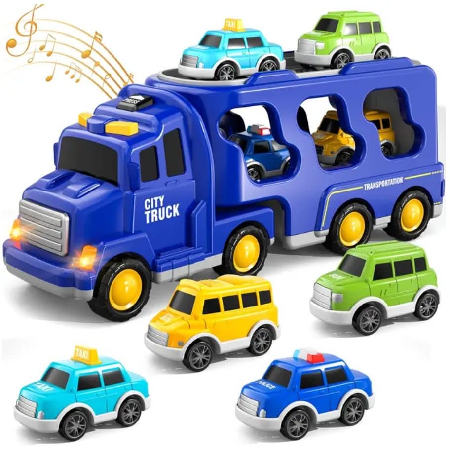 The Toyfetti MightyTrucks Builder Set includes a blue construction transport truck and four mini vehicles (green, yellow, blue), some with taxi signs or police lights. With musical features, its a perfect gift for toddlers who love trucks.