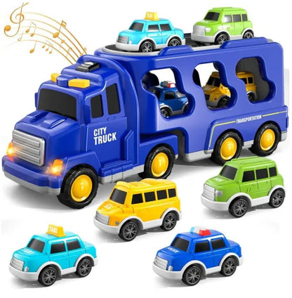 The Toyfetti MightyTrucks Builder Set includes a blue construction transport truck and four mini vehicles (green, yellow, blue), some with taxi signs or police lights. With musical features, its a perfect gift for toddlers who love trucks.