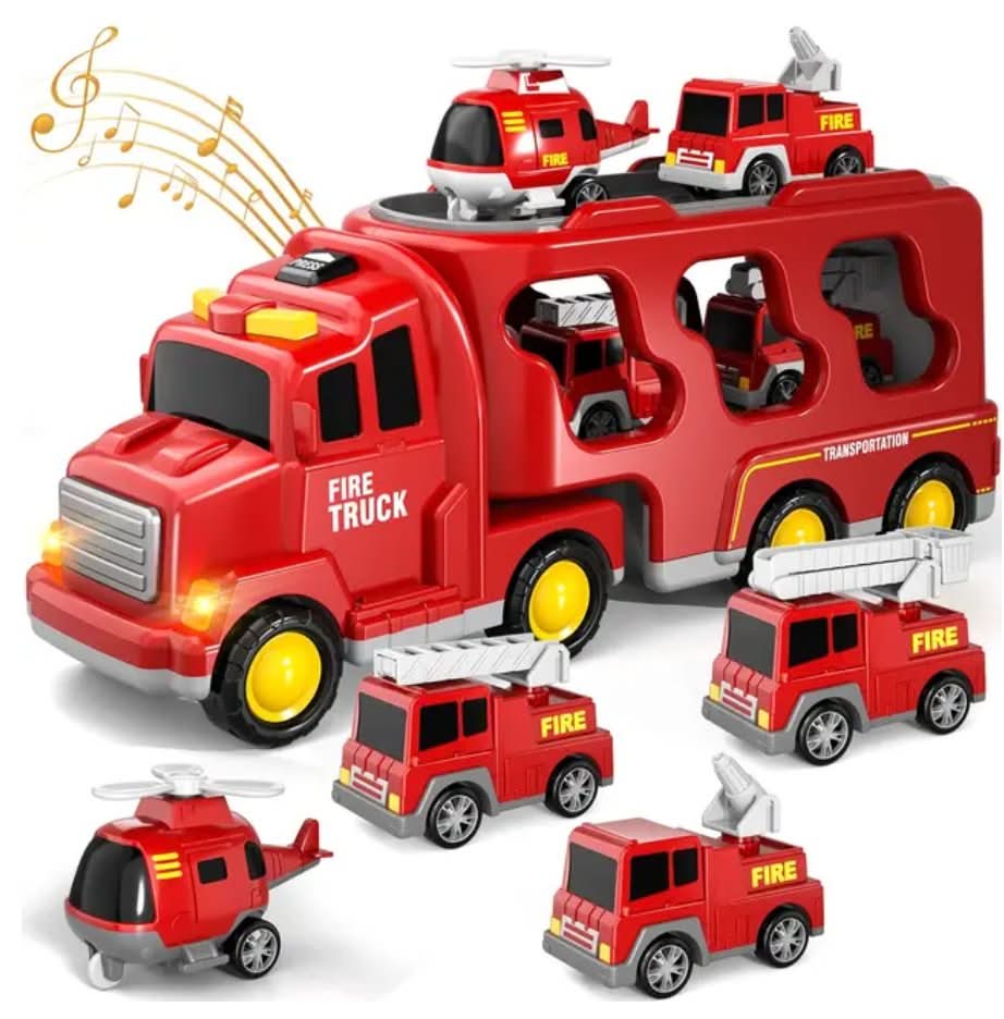 The Toyfetti MightyTrucks Builder Set is a red construction transport carrier with yellow wheels, carrying mini trucks, helicopters, and construction vehicles. It plays music—perfect as a fun, musical gift for toddlers.