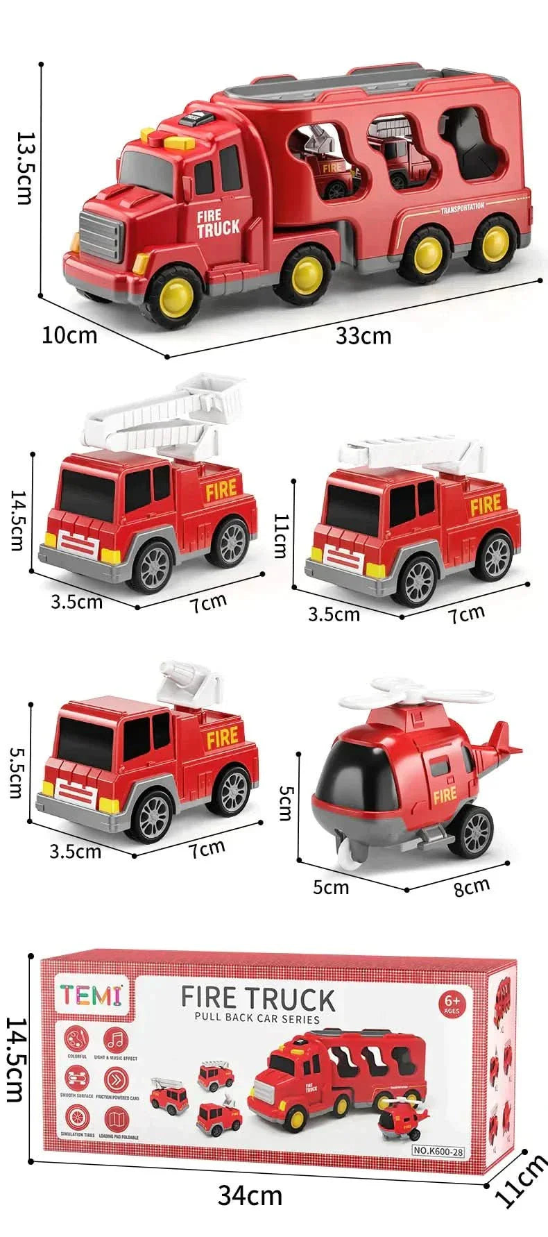 The Toyfetti MightyTrucks Builder Set is a construction transport carrier with three mini trucks and a helicopter, each with white ladders or rotors—perfect gift for toddlers who love truck toys. Dimensions in cm included.