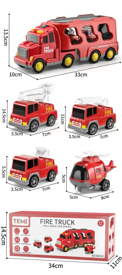 The Toyfetti MightyTrucks Builder Set is a construction transport carrier with three mini trucks and a helicopter, each with white ladders or rotors—perfect gift for toddlers who love truck toys. Dimensions in cm included.