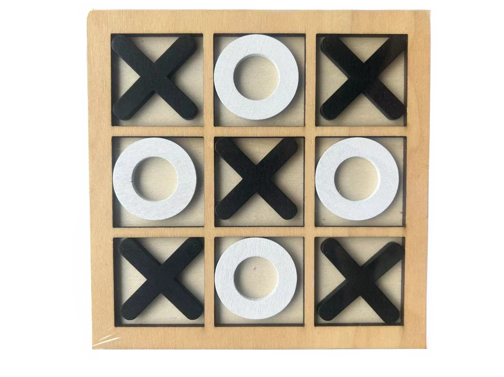 Toyfettis Wooden Tic Tac Toe for Family Fun & Home Style features black Xs and white Os, making it a stylish piece of décor and perfect for your next game night—even if the match ends in a tie.