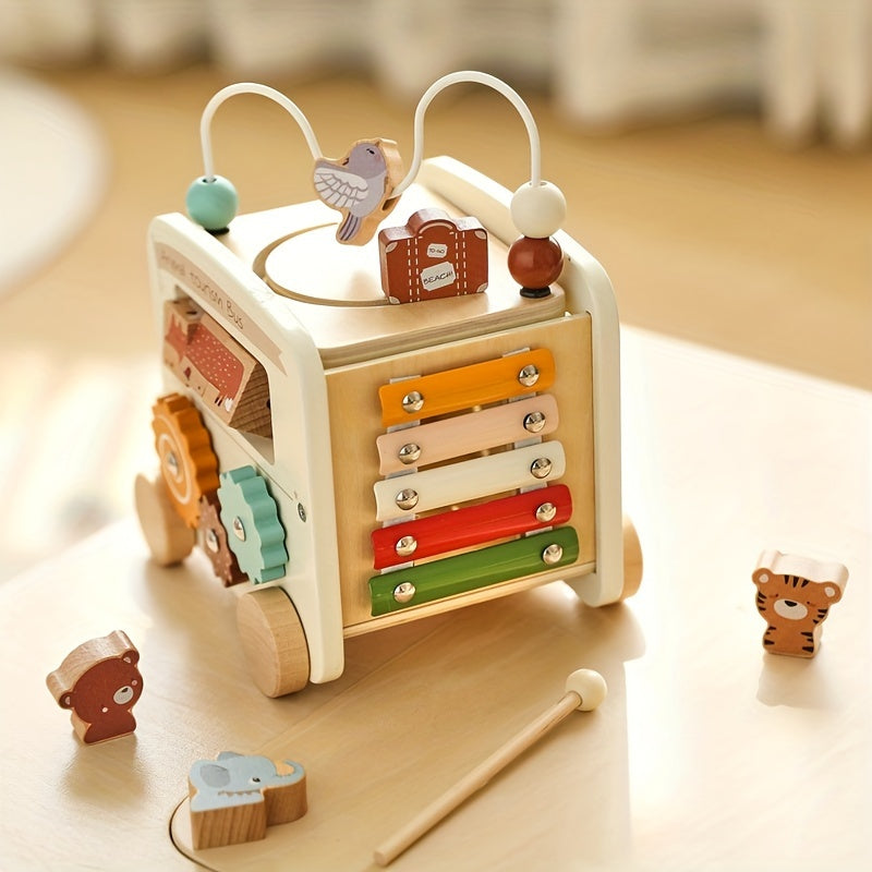 Wooden Animal Activity Bus – 6-in-1 Early Learning Maze, Shape Sorter-Toyfetti