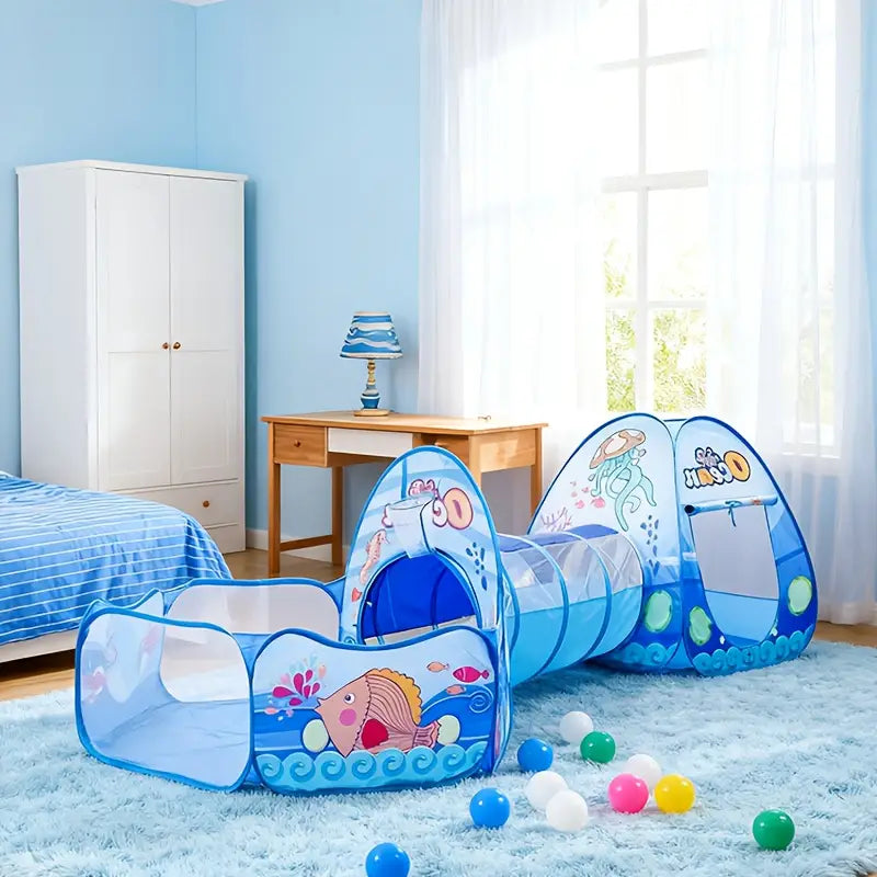 3-in-1 Ocean-Themed Ball Pit & Tunnel Castle Play Tent