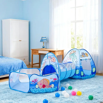 3-in-1 Ocean-Themed Ball Pit & Tunnel Castle Play Tent