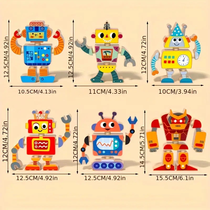 Creative Wooden Robot Assembly Toy – 6-Piece DIY Set