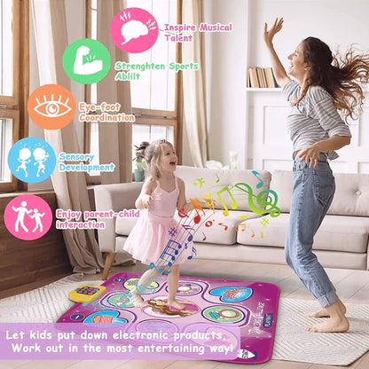 A young girl and woman enjoy the Toyfetti Interactive Dance Light Mat – LED Movement Game for Kids in the living room, with graphics showcasing benefits like musical talent, coordination, sensory development, and parent-child bonding.
