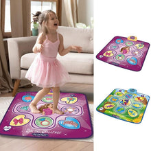 A young girl in a pink tutu plays on the Toyfetti Interactive Dance Light Mat – LED Movement Game for Kids. Two close-up images of different playmats appear on the right side of the photo.