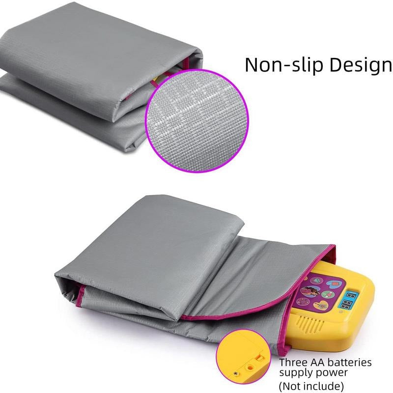 The Toyfetti Interactive Dance Light Mat is a gray foldable LED movement game for kids, featuring a non-slip textured surface, yellow control unit, battery compartment (3 AA required, not included), built-in music, and rhythm game options.