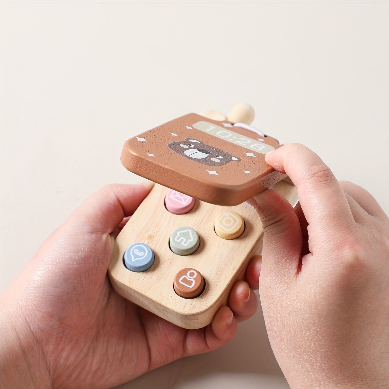 Wooden Bear Flip Phone Toy – Pretend Play Mobile with Mirror & Buttons-Toyfetti