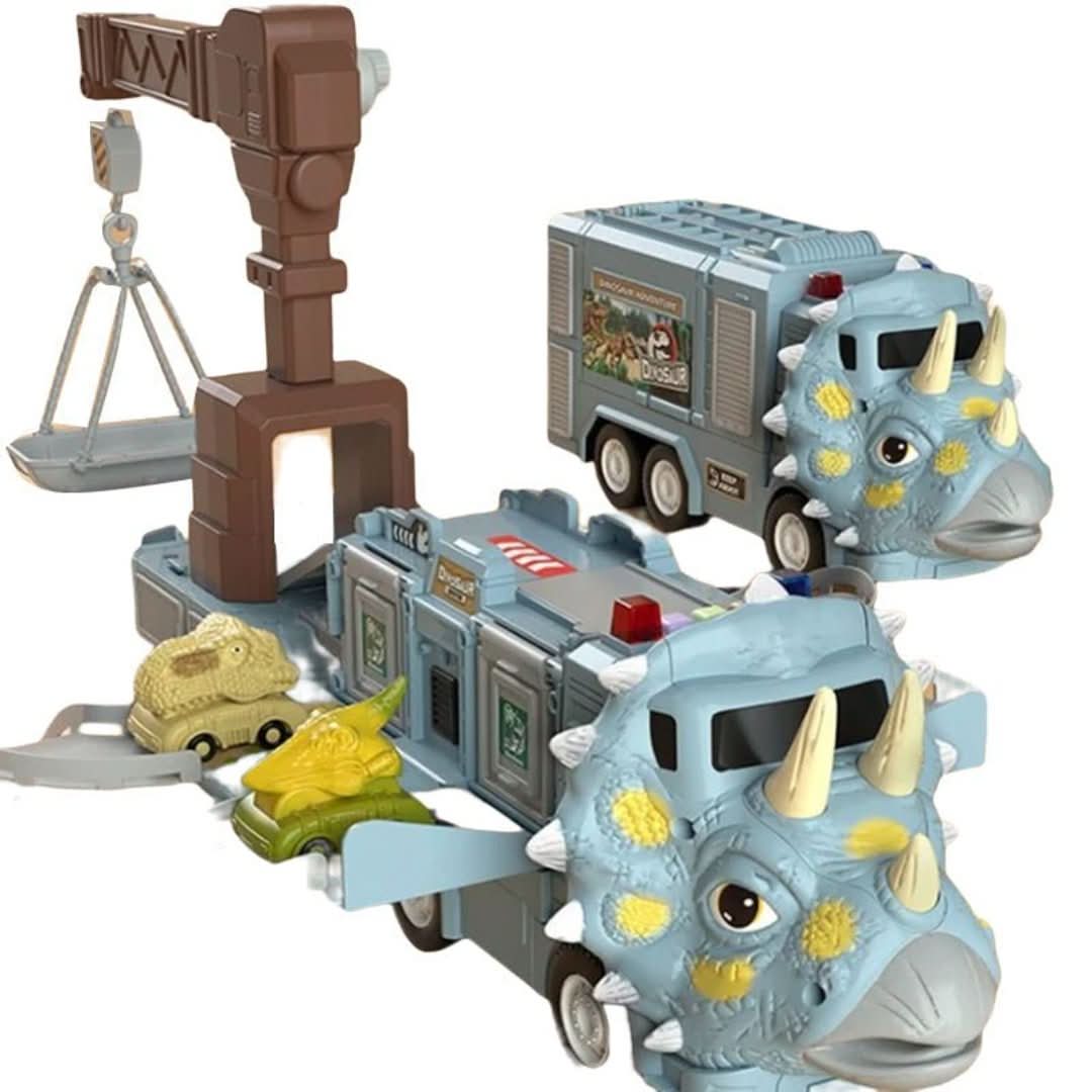 The Toyfetti DinoTransporter – T-Rex & Triceratops Truck with Lights and Sound includes two dino trucks and a construction-themed playset with a crane, dino skulls, and accessories for interactive transporter fun.