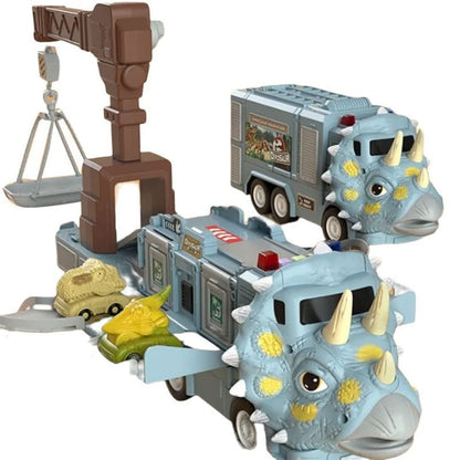 The Toyfetti DinoTransporter – T-Rex & Triceratops Truck with Lights and Sound includes two dino trucks and a construction-themed playset with a crane, dino skulls, and accessories for interactive transporter fun.