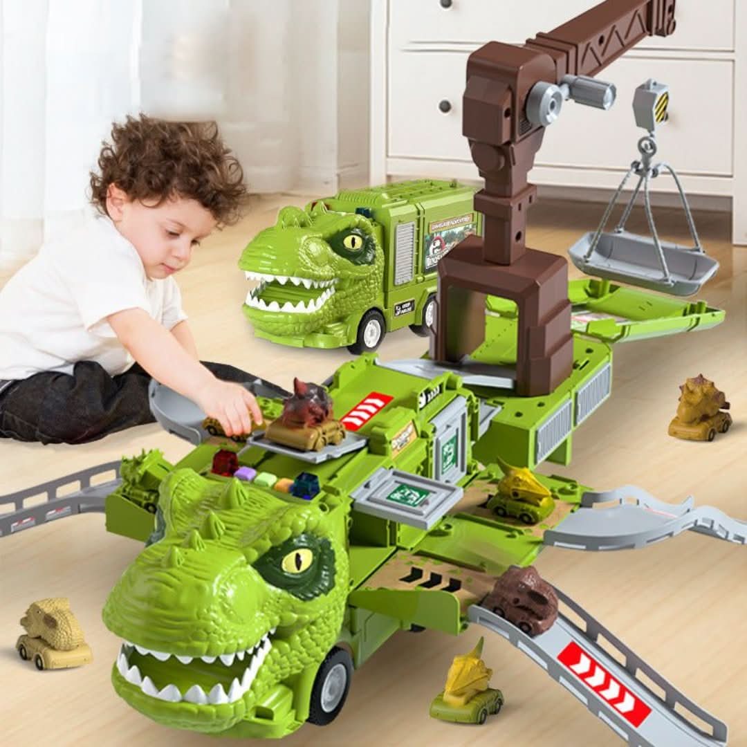 A young child plays on a light floor with the Toyfetti DinoTransporter – T-Rex & Triceratops Truck with Lights and Sound, featuring ramps, small cars, a brown crane, dino faces, and several animal figures.