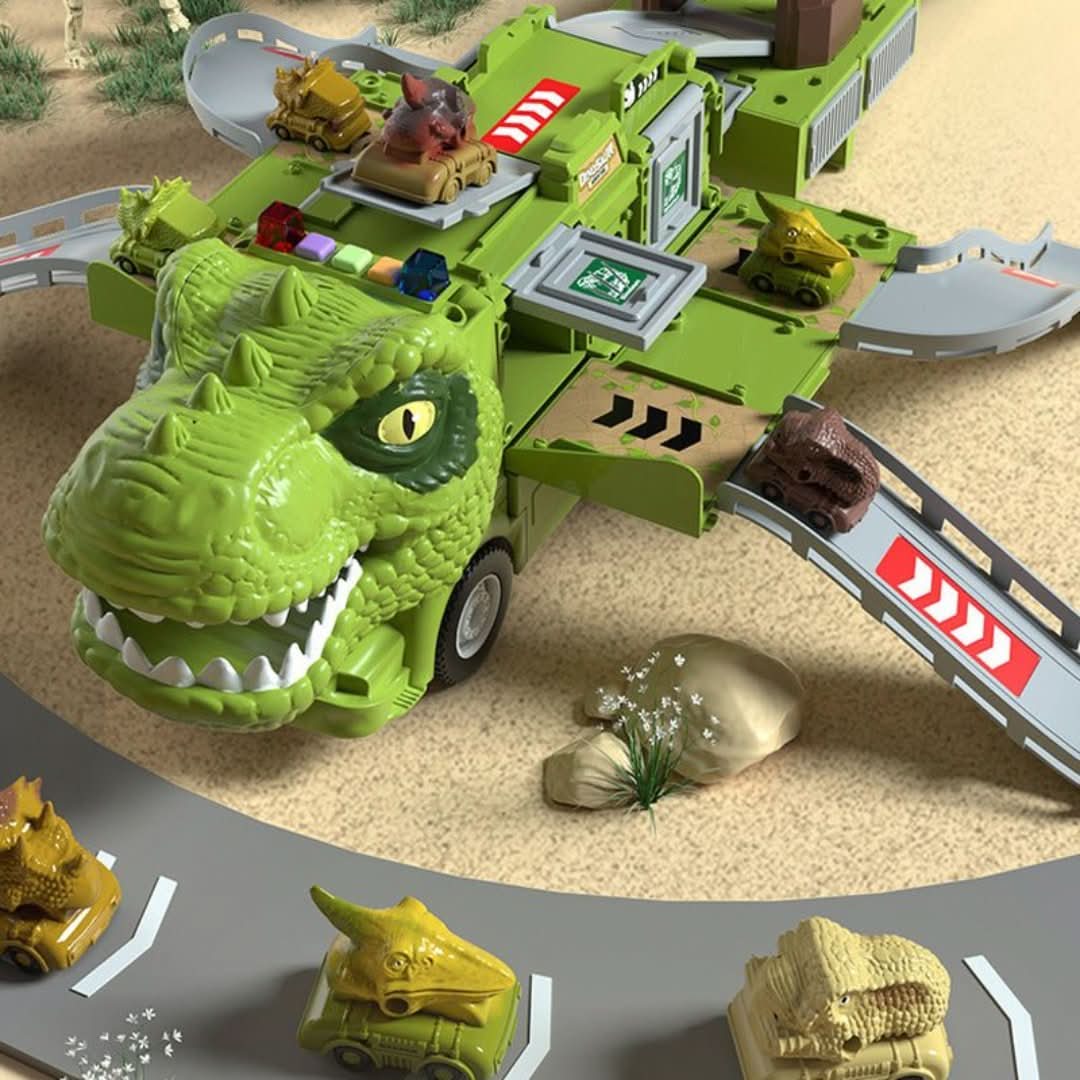 The Toyfetti DinoTransporter – T-Rex & Triceratops Truck with Lights and Sound features dino-shaped playsets with ramps and animal cars, plus toy rocks and plants, for interactive track play on sand.