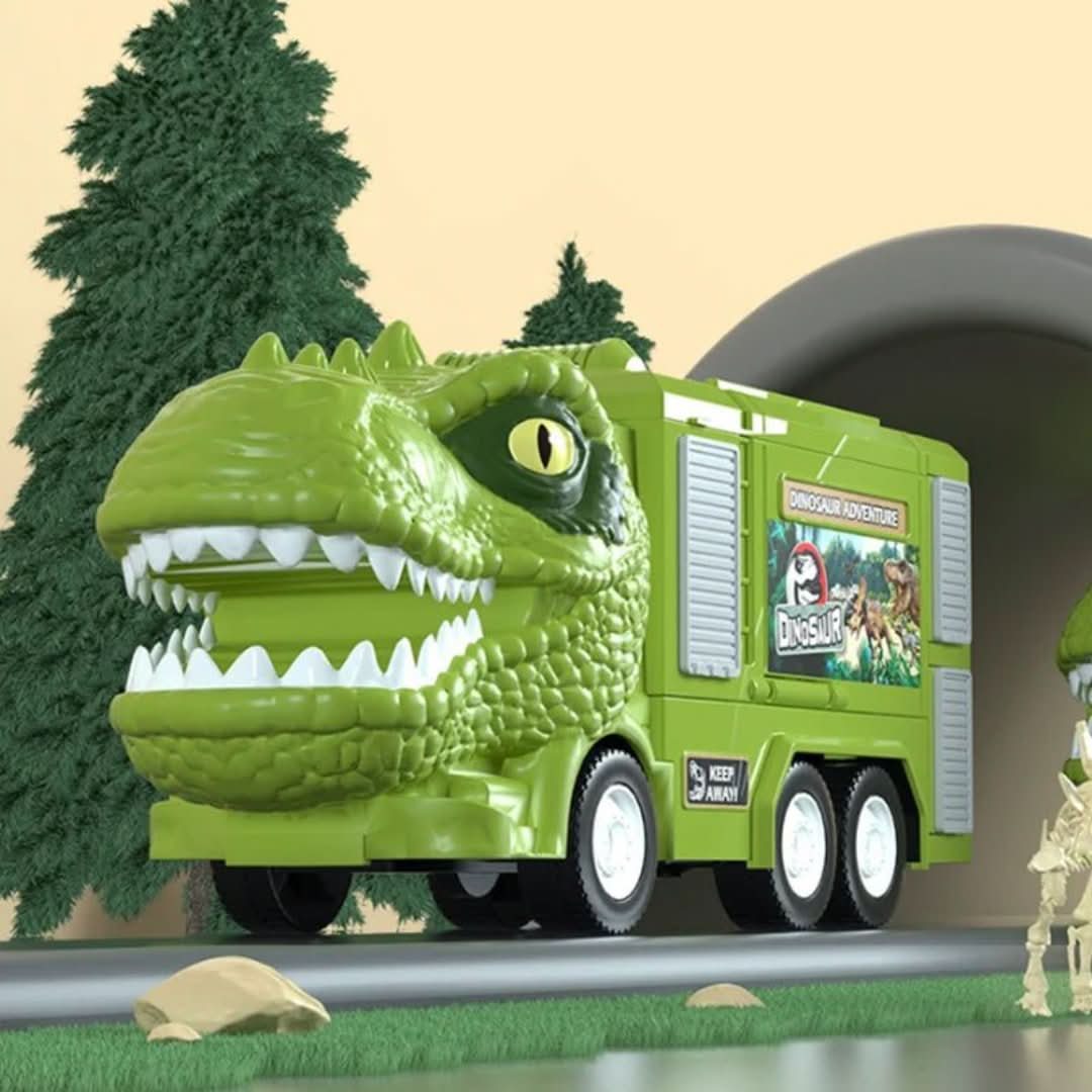 The Toyfetti DinoTransporter – T-Rex & Triceratops Truck with Lights and Sound features sharp teeth, scales, and drives out of a tunnel among trees and rocks, making it perfect for imaginative play. The Dinosaur Adventure logo is visible on the side.