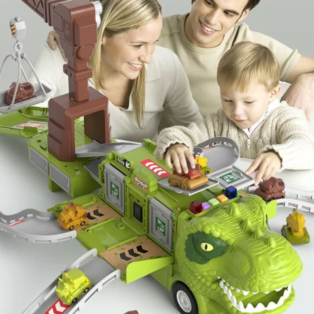 A smiling family—mother, father, and young boy—enjoy the Toyfetti DinoTransporter: T-Rex & Triceratops Truck with Lights and Sound. The child moves the truck as parents watch and join in the fun.