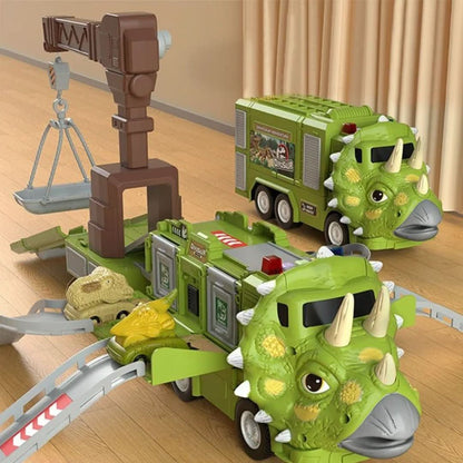 Two Toyfetti DinoTransporter trucks—T-Rex and Triceratops models with lights and sound—are linked on a play track. The Triceratops features a brown crane arm; both are detailed with horns and scales, shown on a wooden floor by beige curtains.
