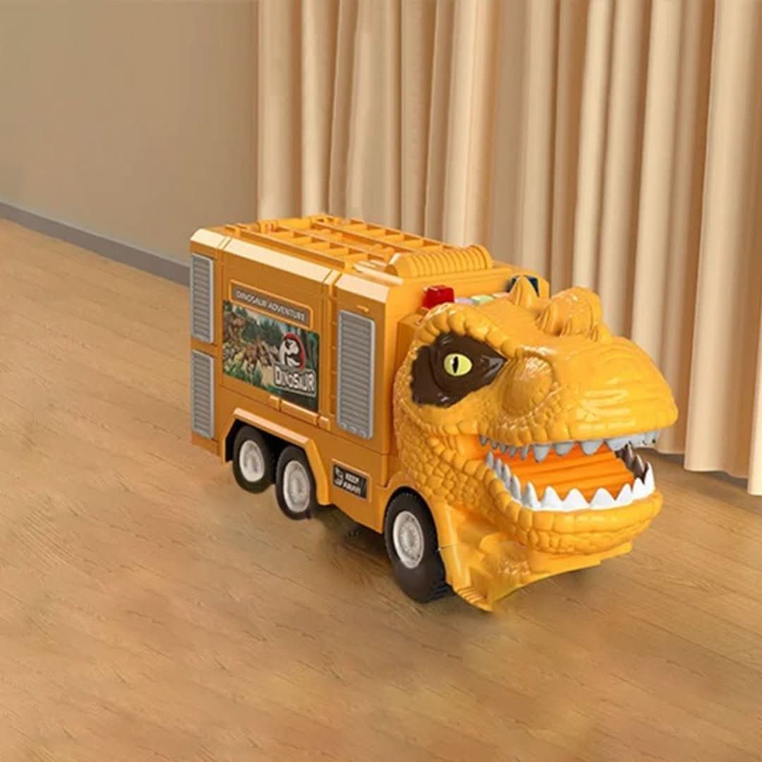 The Toyfetti DinoTransporter – T-Rex & Triceratops Truck with Lights and Sound, a yellow dinosaur-themed toy truck with six wheels and fun details, sits on a wooden floor in a room with beige curtains.