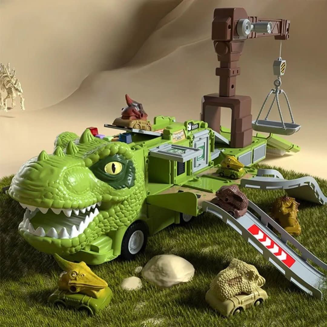 The Toyfetti DinoTransporter – T-Rex & Triceratops Truck with lights and sound features ramps, a crane, and mini dinosaur figures—perfect for exciting adventures in any play area.