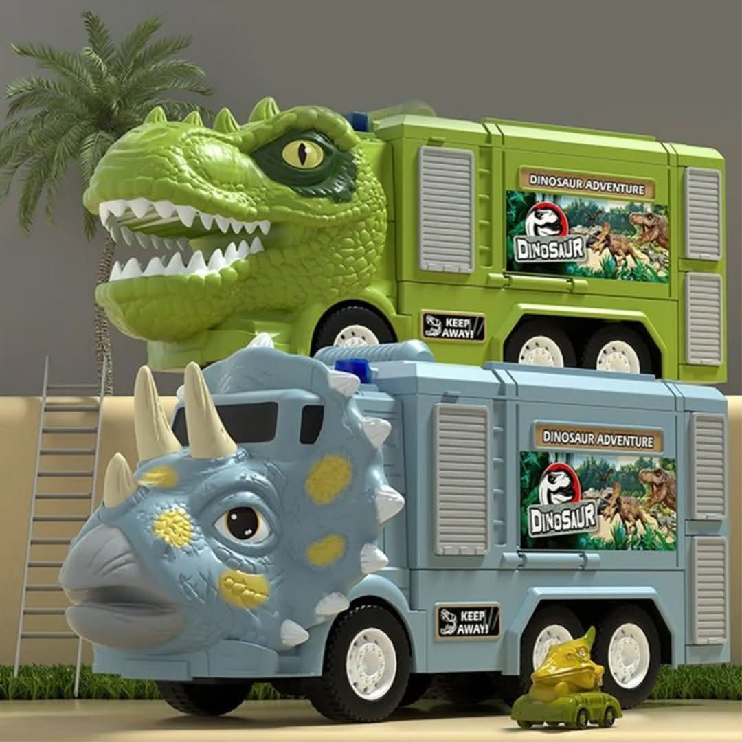 Two Toyfetti DinoTransporter trucks—one with a green T-Rex head, one with a blue Triceratops—labeled Dinosaur Adventure, are parked side by side. In front, an interactive dinosaur toy car completes the set.