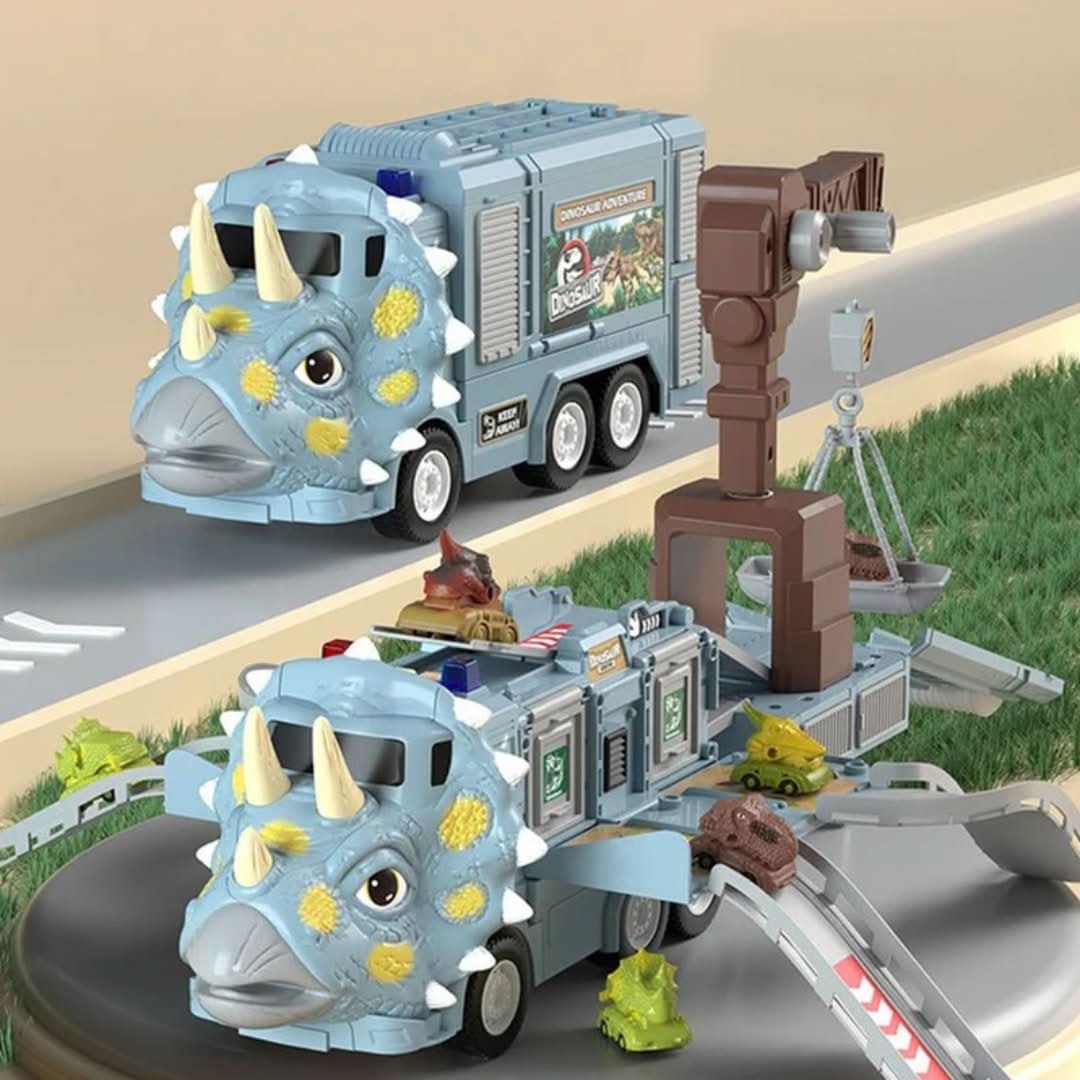 The Toyfetti DinoTransporter – T-Rex & Triceratops Truck with lights and sound transforms into a playset featuring slides, ramps, toy dinosaurs, a crane, and grass and road surfaces for interactive fun.