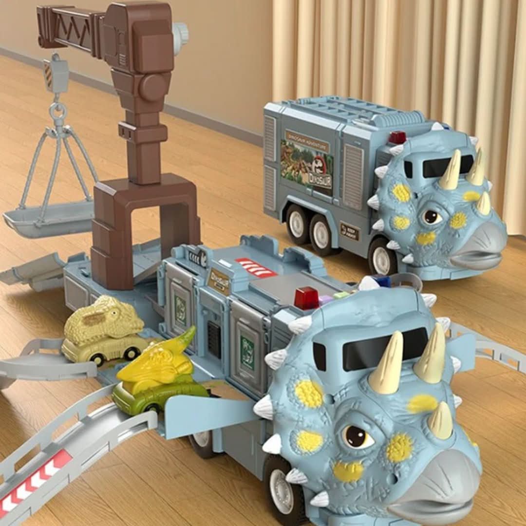 The Toyfetti DinoTransporter – T-Rex & Triceratops Truck with Lights and Sound is set on a play track with ramps, a crane, and small dino figures, creating an interactive indoor scene with beige curtains in the background.