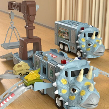 The Toyfetti DinoTransporter – T-Rex & Triceratops Truck with Lights and Sound is set on a play track with ramps, a crane, and small dino figures, creating an interactive indoor scene with beige curtains in the background.