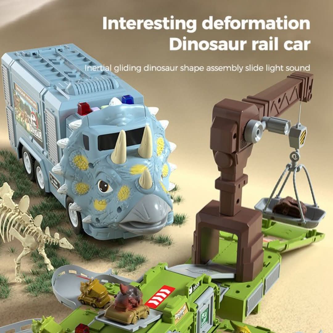 The Toyfetti DinoTransporter – T-Rex & Triceratops Truck with Lights and Sound features a lively dinosaur truck, green railway track, brown crane, small toy dinos, and desert scenery with a skeleton—perfect for interactive dino play.