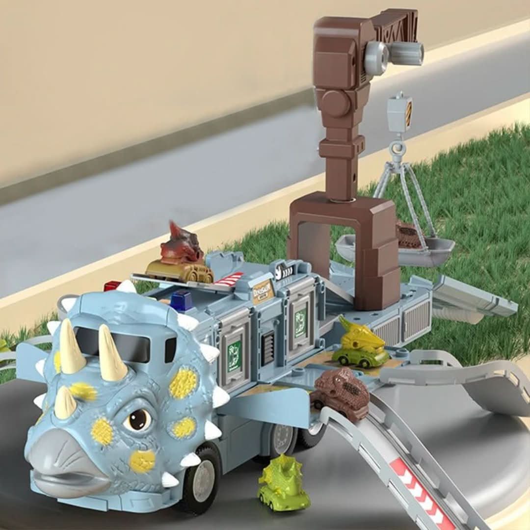 The Toyfetti DinoTransporter – T-Rex & Triceratops Truck with Lights and Sound features a triceratops-shaped truck, plastic tracks, mini dinosaur figures, and a crane arm for interactive play on grass or pavement.