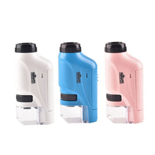 Three Kids Pocket Microscope – Compact LED Microscopes in white, blue, and pink stand side by side. Each features a black eyepiece, clear base, easy buttons, and is the perfect portable science tool for young explorers.