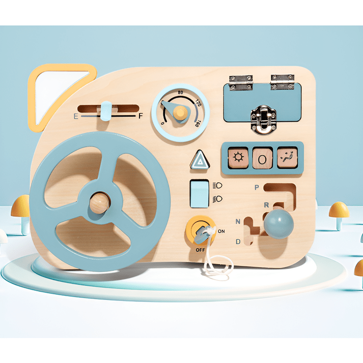 The Toyfetti Montessori Car Press Board – Hands-On Driving Toy for Curious Toddlers features a blue and yellow steering wheel, switches, dials, and buttons on a pastel blue and white board to build fine motor skills.