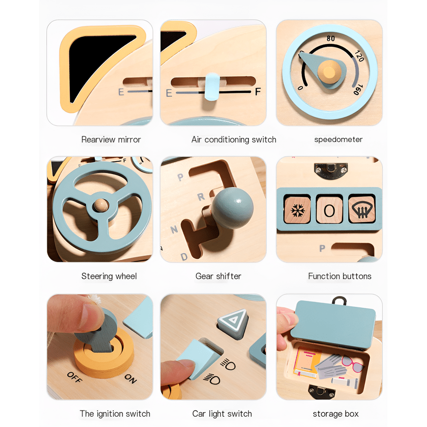 The Toyfetti Montessori Car Press Board is a hands-on driving toy for toddlers, featuring a rearview mirror, AC switch, speedometer, and more—perfect for developing fine motor skills in curious kids.