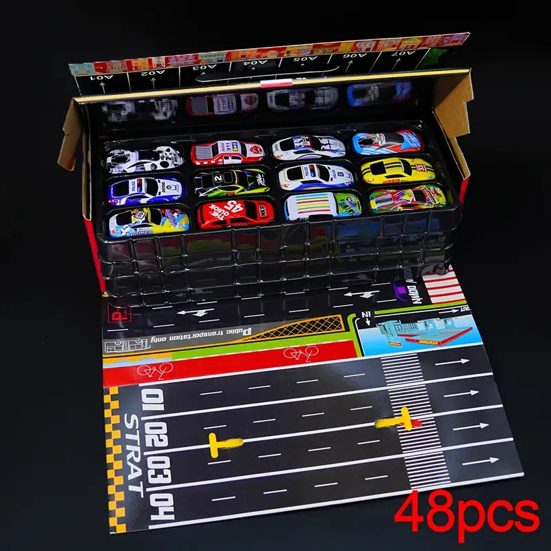 48-Piece Die-Cast Racing Car Set with Pull-Back Action | Storage Box Included