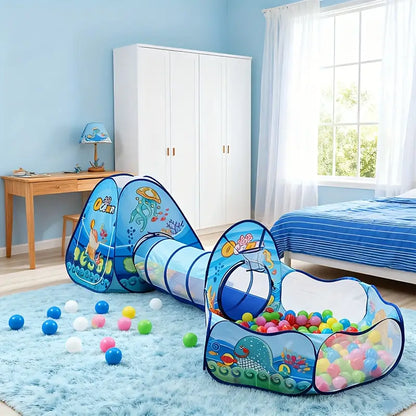 3-in-1 Ocean-Themed Ball Pit & Tunnel Castle Play Tent