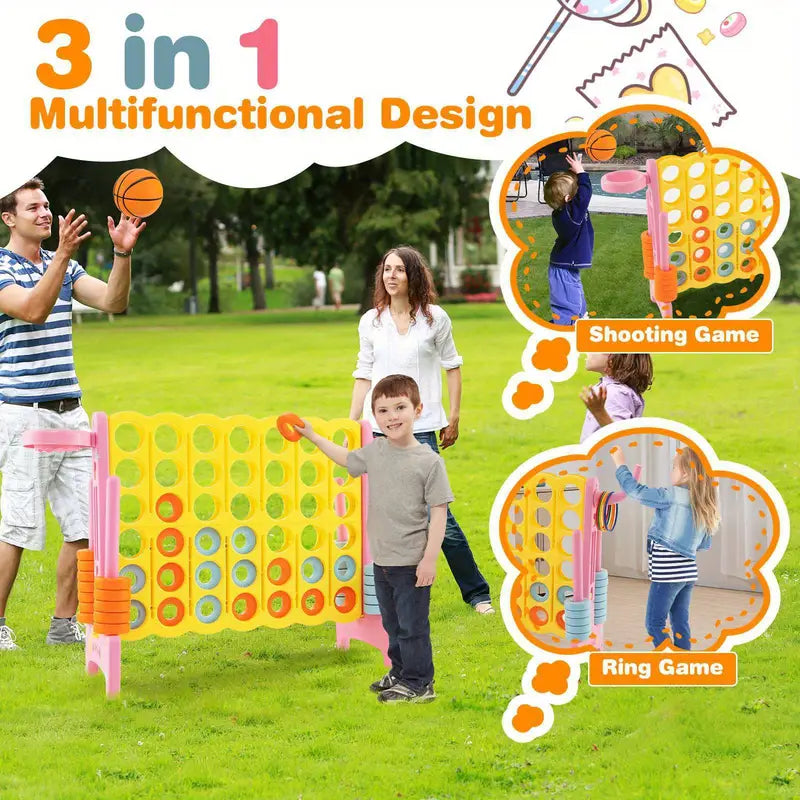 COSTWAY Jumbo 4-in-1 Game Set – Giant Connect 4 Board with Basketball Hoop & Ring Toss