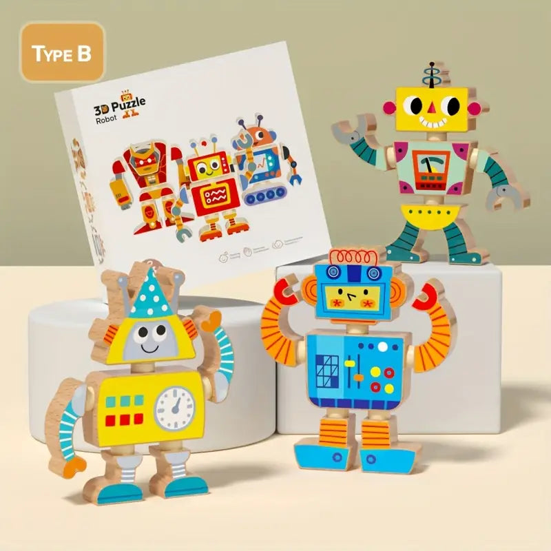 Creative Wooden Robot Assembly Toy – 6-Piece DIY Set