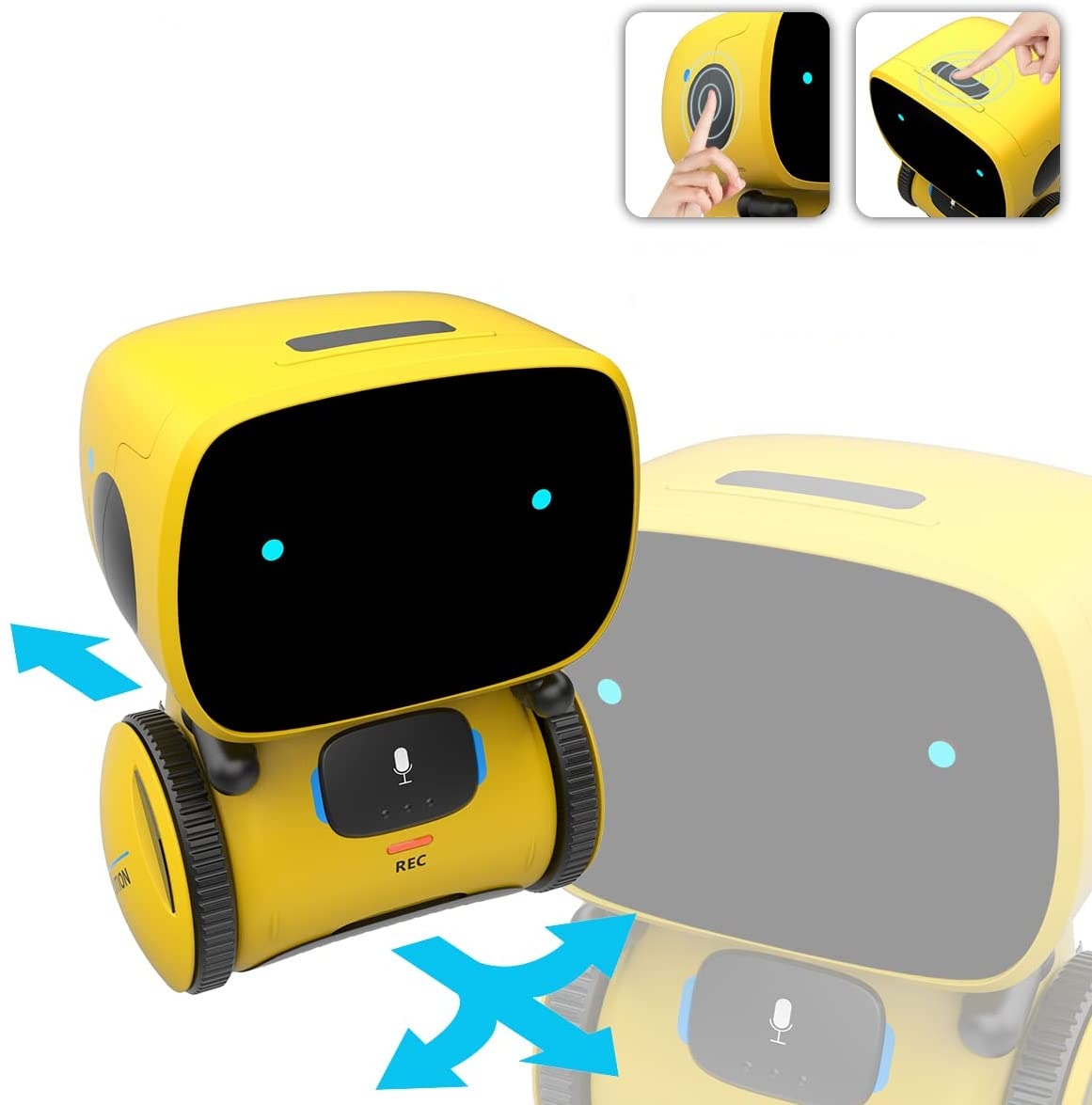 The Toyfetti Robomate | Jouw Muzikale Vriend is a yellow interactive robot with a black screen face, blue eyes, and wheels. Insets show hands rotating its head and pressing the top button. Blue arrows illustrate motion for motor skill development.