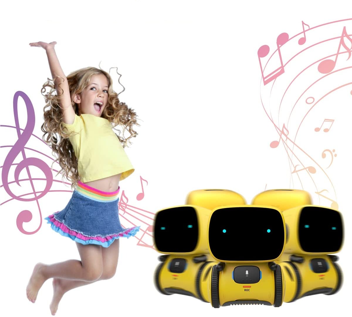 A young girl jumps next to three Toyfetti Robomate | Jouw Muzikale Vriend robots, surrounded by musical notes and a pink treble clef, inspiring playful spraakontwikkeling.