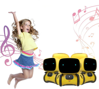 A young girl jumps next to three Toyfetti Robomate | Jouw Muzikale Vriend robots, surrounded by musical notes and a pink treble clef, inspiring playful spraakontwikkeling.