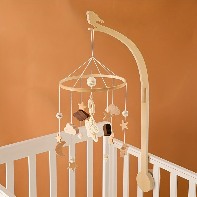 Natural Wood & Crochet Baby Crib Mobile – Stars & Clouds Design-Toyfetti