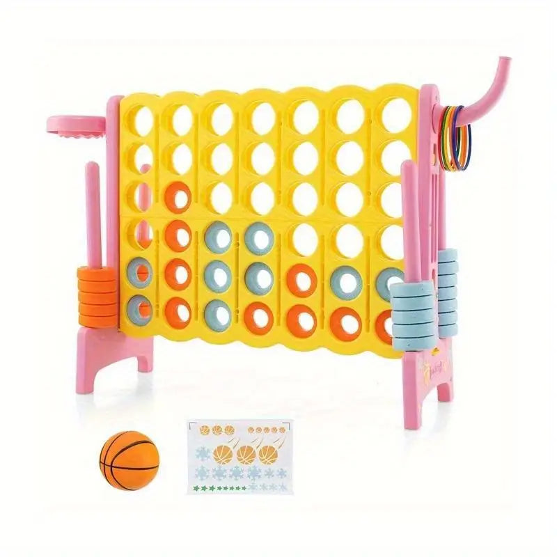 COSTWAY Jumbo 4-in-1 Game Set – Giant Connect 4 Board with Basketball Hoop & Ring Toss