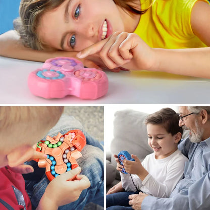 Three images show children and an elderly man enjoying the Toyfetti BrainBounce Rotating Logic Spinner: a girl in yellow pokes a pink spinner, a boy holds an orange one, and another boy plays with a blue spinner beside the older man on the couch.