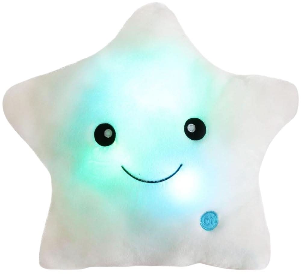 Toyfetti’s GlowPals Light-Up Plush Night Buddy is a soft, star-shaped pillow with a smiling face and soothing blue and green lights—just press the corner button for a comforting kids’ night light at bedtime.
